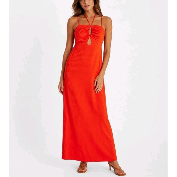 Express Dresses & Skirts - NWT Express Red Orange Maxi Dress M Summer Halter Keyhole Cutout Beach Vacation